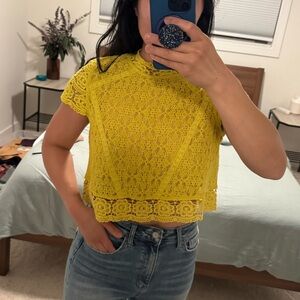 F21 Yellow Crochet Lace Cap Sleeve Crop Top (small - medium)